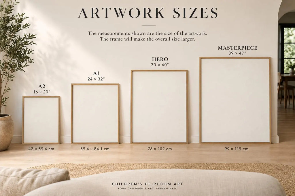 Framed children's heirloom art print on white wall in natural light